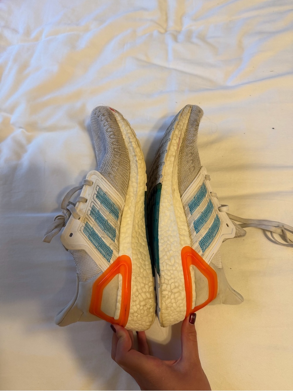 adidas Ultraboosts with Teal Stripes and Orange Heel Accents